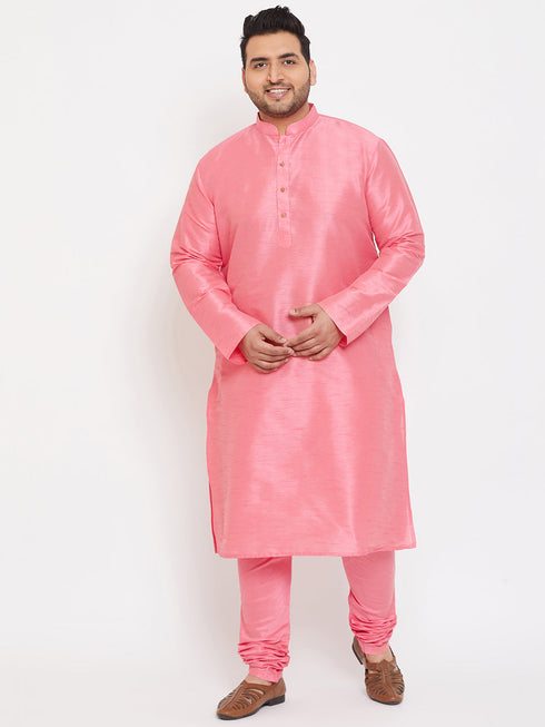 Vastramay Men's Plus Size Pink Silk Blend Kurta Pyjama Set